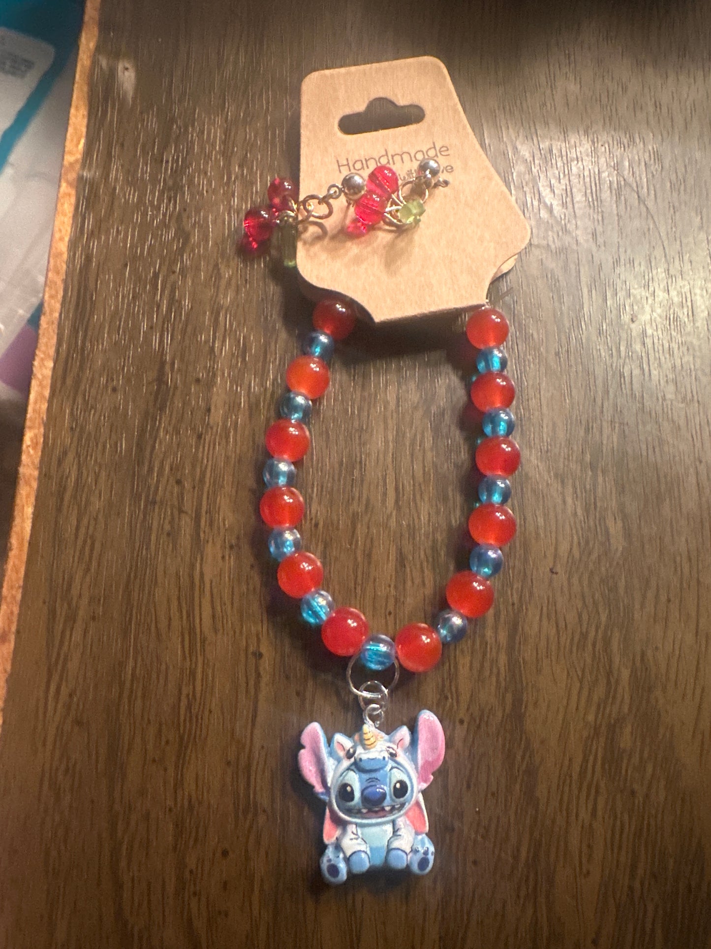 Unicorn Stitch bracelet with cherry earrings